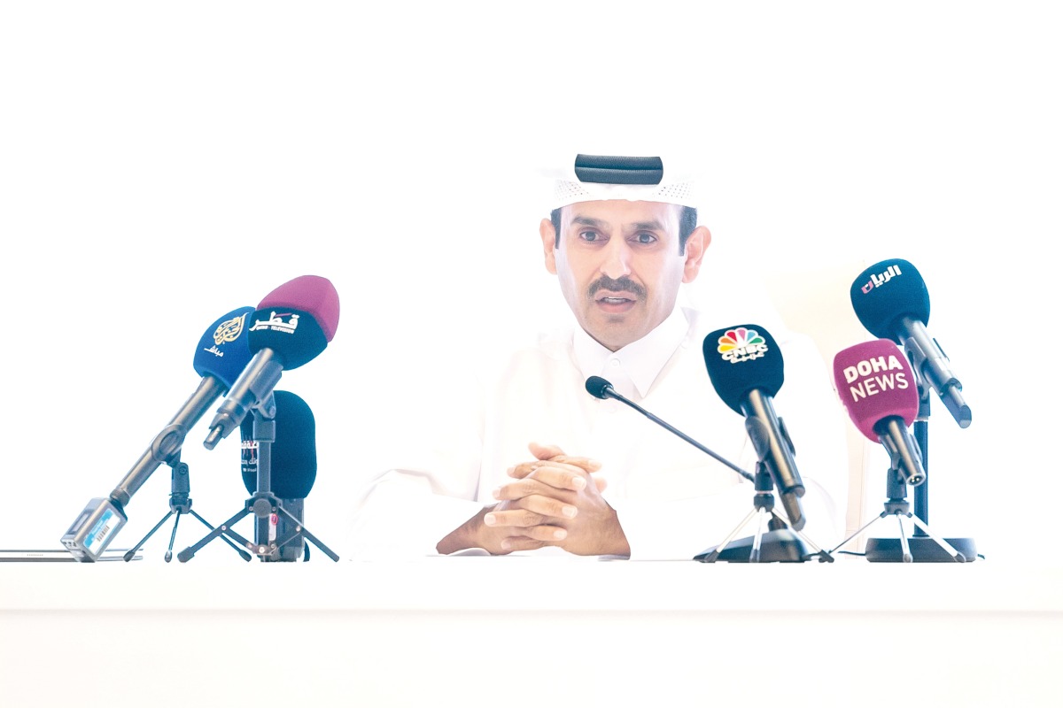 Minister of State for Energy Affairs, President and CEO of QatarEnergy, H E Saad Sherida Al Kaabi, addressing the press conference at Qatar Energy’s headquarters yesterday.