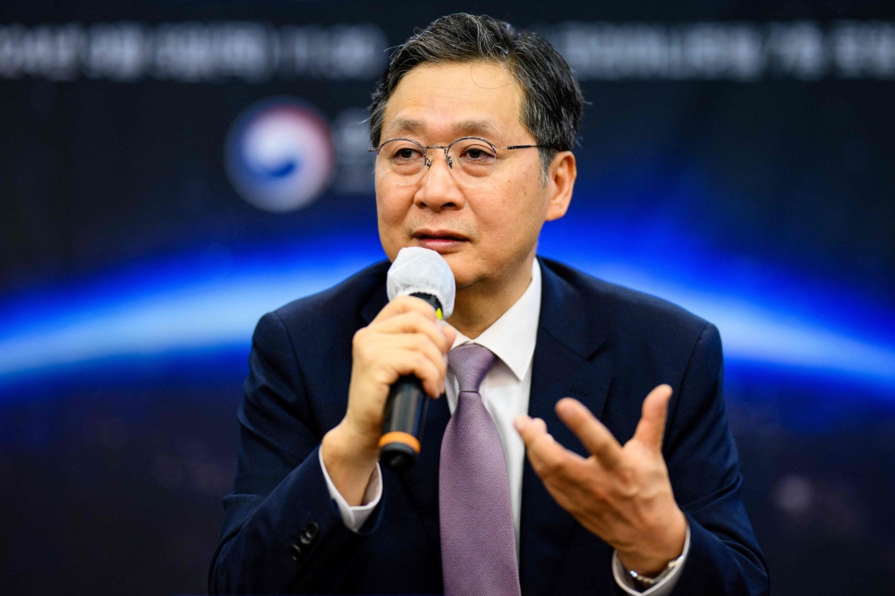 Yoon Young-bin administrator of Korea Aero Space Administration (KASA), speaks at a press conference in Seoul on September 5, 2024. Photo by Anthony WALLACE / AFP