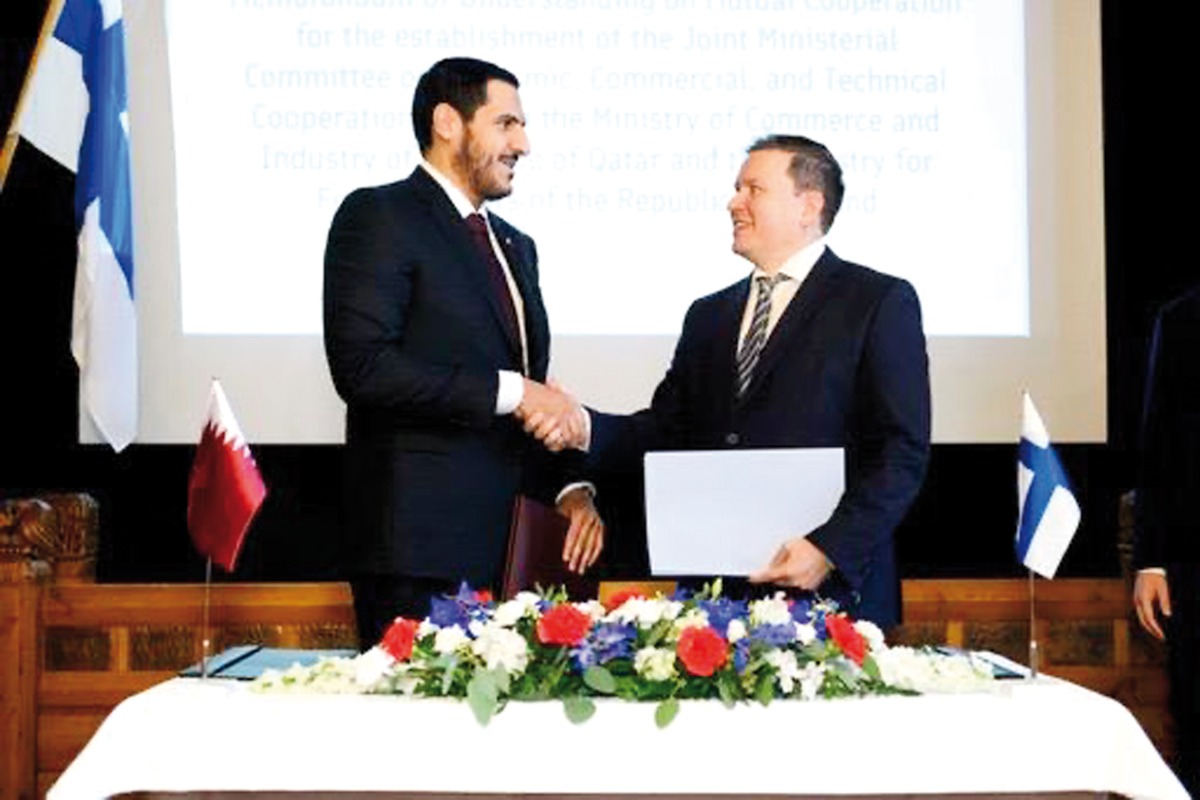 Minister of Commerce and Industry H E Sheikh Mohammed bin Hamad bin Qassim Al Thani and Minister for Foreign Trade and Development of the Republic of Finland H E Ville Tavio during the inauguration of the Qatar-Finland Roundtable for Business in Helsinki.