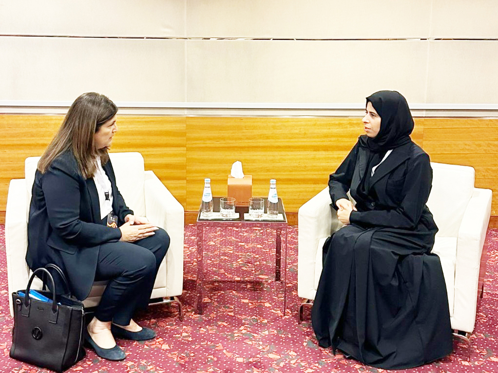 Minister of State for International Cooperation at the Ministry of Foreign Affairs H E Lolwah bin Rashid Al Khater with Minister of State for Foreign Affairs and Expatriates of the State of Palestine H E Varsen Shaheen Aghabekian in Doha yesterday.
