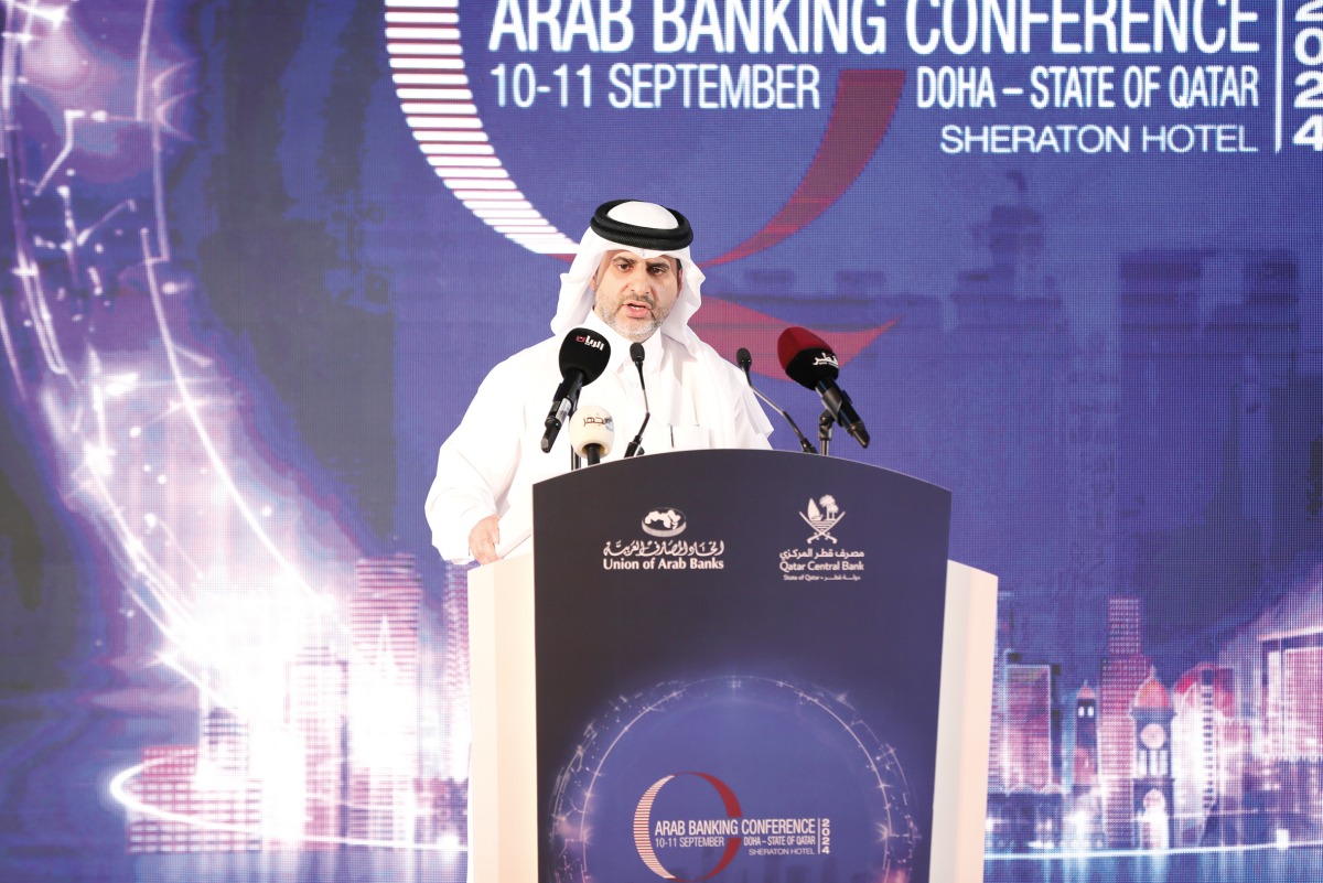 QCB Governor H E Sheikh Bandar bin Mohammed bin Saoud Al Thani speaking during the inauguration of the Arab Banking Conference 2024, yesterday.