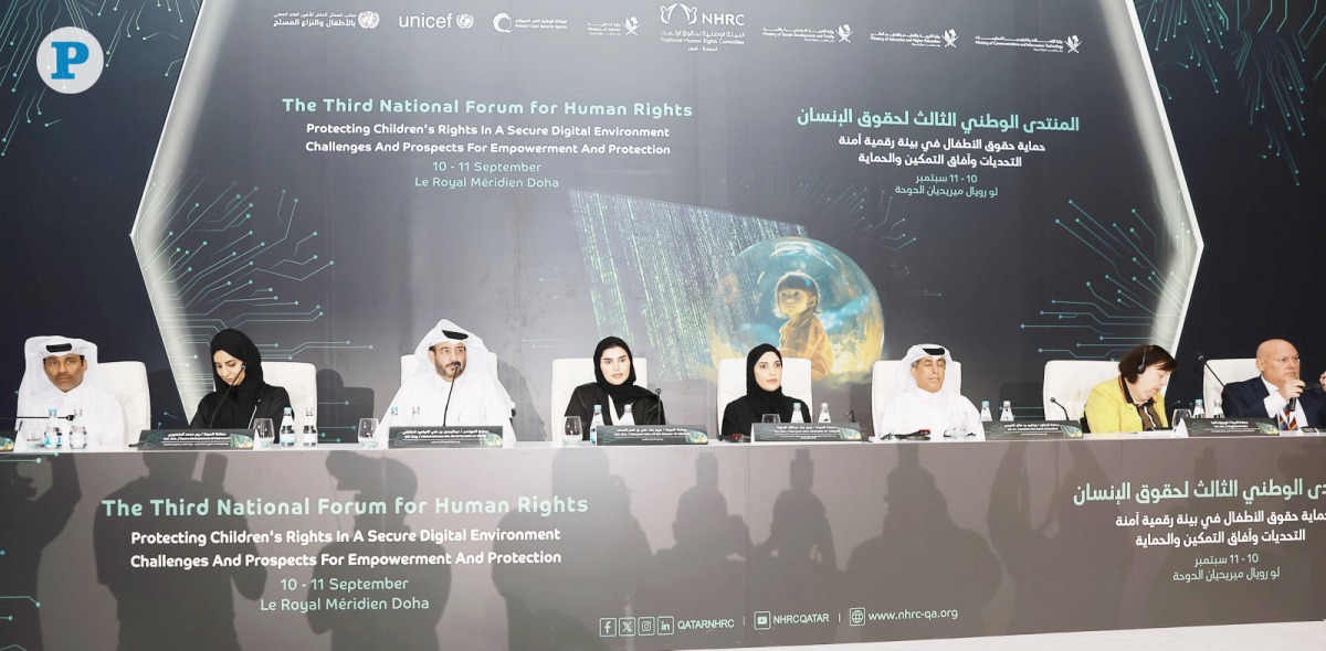 Minister of Social Development and Family H E Maryam bint Ali bin Nasser Al Misnad (fourth left), President of the Global Alliance of National Human Rights Institutions (GANHRI) and Chairperson of Qatar National Human Rights Committee (NHRC) H E Maryam bint Abdullah Al Attiyah (fourth right) with other officials during the forum yesterday. Pic by Rajan Vadakkemuriyil / The Peninsula