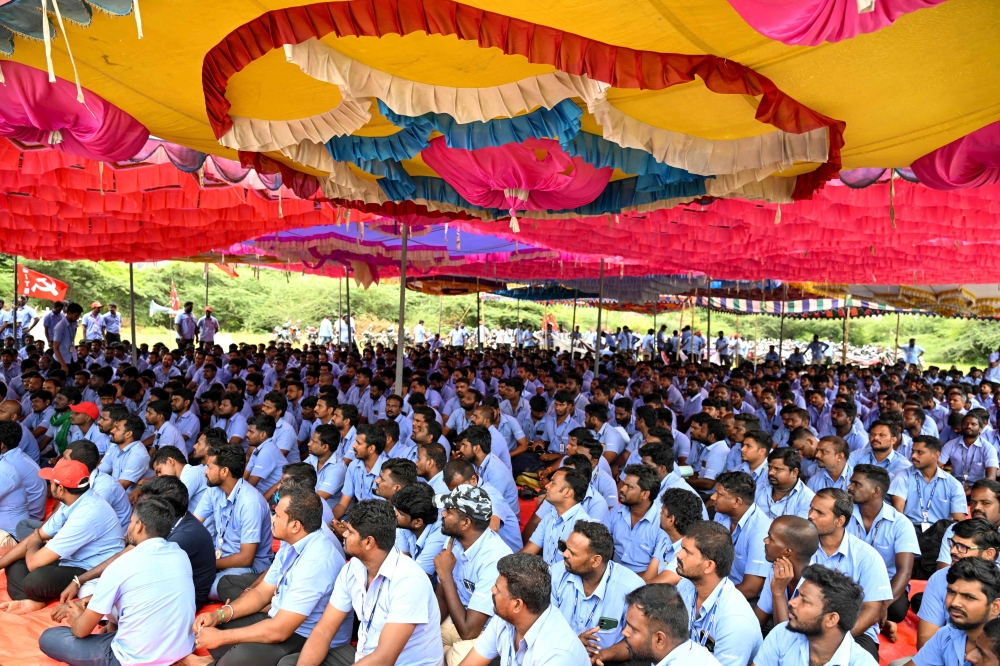 Workers stage a protest to demand higher wages and recognition of their union, at Samsung India's plant in Sriperumbudur, near Chennai on September 11, 2024. (Photo by R Satish Babu / AFP)