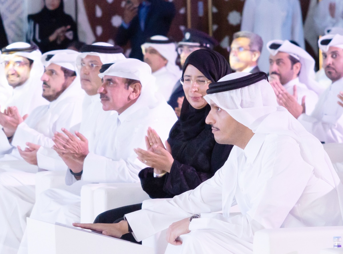 Prime Minister and Minister of Foreign Affairs, H E Sheikh Mohammed bin Abdulrahman bin Jassim Al Thani, launching the National Health Strategy 2024-2030, ‘Health for All,’in the presence of Minister of Transport H E Jassim Saif Ahmed Al Sulaiti (third right); Minister of Public Health H E Dr. Hanan 
Al Kuwari (second right)); Minister of Commerce and Industry H E Sheikh Mohammed bin Hamad bin Qassim Al Thani (second left); Minister of Communications and Information Technology H E Mohammed bin Ali Al Mannai (third left);  Minister of Justice and Minister of State for Cabinet Affairs H E Ibrahim bin Ali Al Mohannadi (first left). 