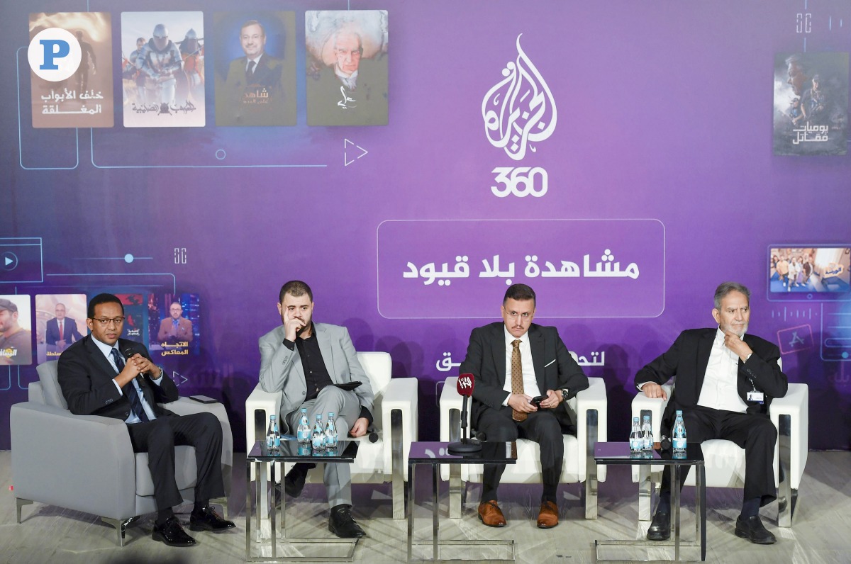 (From right) Acting Director General of Al Jazeera Media Network Dr. Mostefa Souag, Executive Director of Al Jazeera’s Digital Division Mounir Daymi, Manager of Content Strategy, Al Jazeera 360 Jamal Elshayyal and Principal presenter at Al Jazeera Channel (Arabic) Osman Ayfarah during the press conference at the headquarters of Al Jazeera Media Network yesterday. Pic: Mohammed Farag / The Peninsula