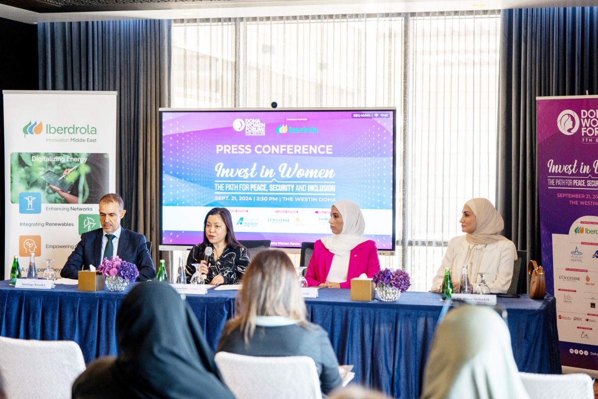 Managing Director of Iberdrola Innovation Middle East, Santiago Banales (first left); Founder of Doha Women Forum, Conchita Ponce (second left); and others address a press conference yesterday. 