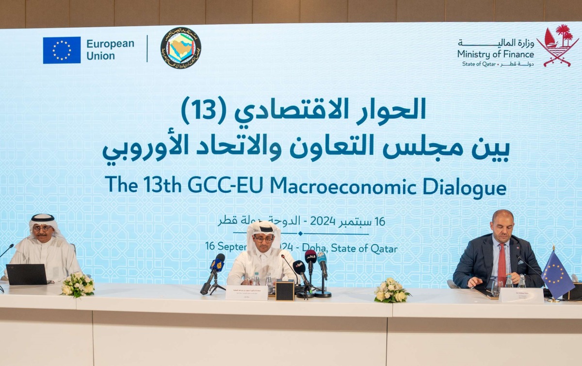 Assistant Undersecretary for Economic Affairs at the Ministry of Finance H E Saud bin Abdullah Al Attiyah (centre); GCC Assistant Secretary General for Political Affairs and Negotiations H E Dr. Abdulaziz Aluwaisheg; and EU Ambassador to Qatar H E Dr. Cristian Tudor at the opening of the 13th GCC-EU Macroeconomic Dialogue in Doha yesterday.