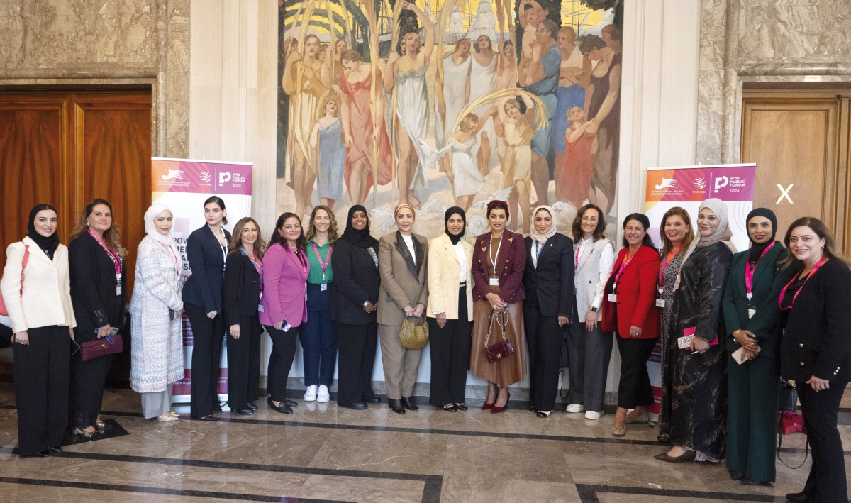 H E Dr. Hend Al Muftah, Ambassador Extraordinary and Plenipotentiary, Permanent Representative of the State of Qatar to UN Office in Geneva; Aisha Alfardan, Vice Chairwoman of QBWA; and QBWA board member, Amal Al Aathem with other officials during the event.