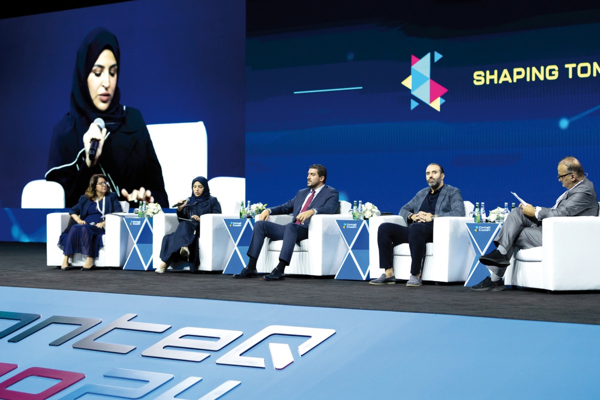 Duha Ali Al Buhindi (second left), Director of Digital Society and Digital Competencies at MCIT; Ghassan Kosta (second right), General Manager of Google Cloud in Qatar; Amel Chadli (first left), President of Gulf Countries, Schneider Electric; Nabil Cheqroun (centre), Chief Commercial Officer at Honeywell; and Professor Awni Al Otoom, Dean of the College of Engineering and Technology at UDST, during the panel discussion, yesterday.