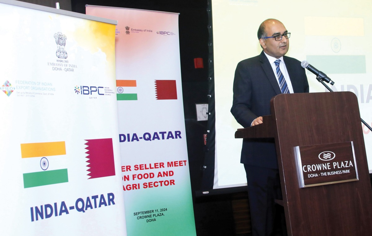 H E Vipul, Ambassador of India to Qatar, speaking during the FIEO Meet.