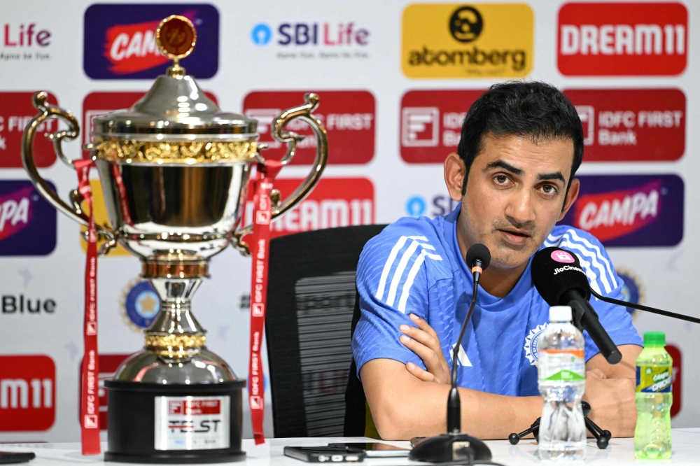 India's head coach Gautam Gambhir speaks at the press conference at the MA Chidambaram Stadium in Chennai on September 18, 2024. (Photo by R.Satish Babu / AFP)