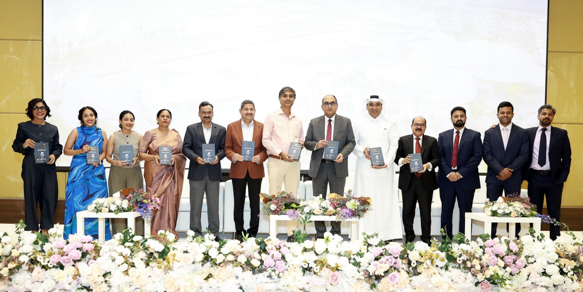 Ambassador of India to Qatar, H E Vipul, Director and CEO of Jumbo Electronics, C V Rappai, Sajed Jassim Sulaiman, Vice Chairman & Managing Director of Jumbo Electronics; Dr Mohan Thomas, Founder Chairman of Birla Public School and Philanthropist and Educationalist; and Joseph John, Programme Editor at Al Jazeera English and other officials during the book launch ceremony. PIC: RAJAN VADAKKEMURIYIL