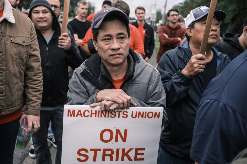 Striking Boeing workers hold rally at the Boeing Portland Facility on September 19, 2024, in Portland, Oregon. (Photo by Jordan Gale / AFP)

