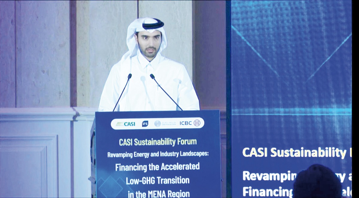 QCB Assistant Governor, H E Sheikh Ahmed bin Khalid Al Thani delivering the keynote speech at the forum, yesterday.