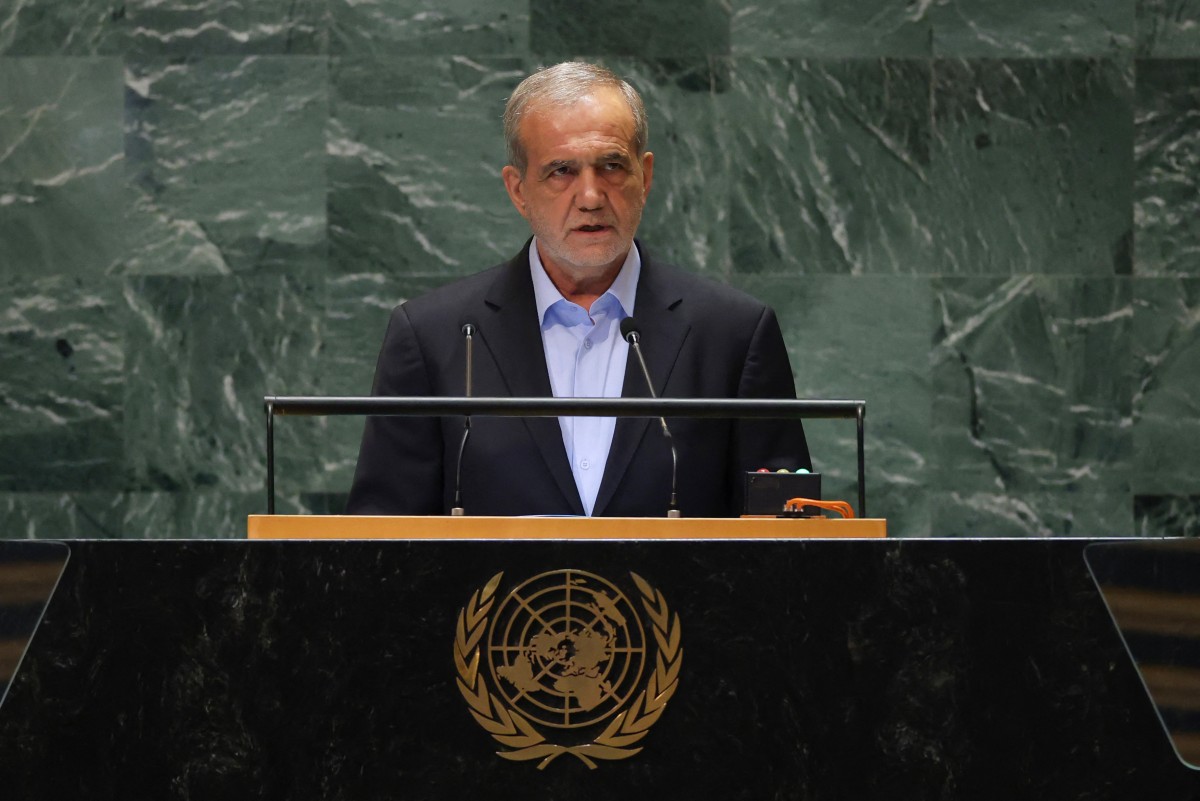 Iranian President Masoud Pezeshkian speaks during the 79th Session of the United Nations General Assembly at the United Nations headquarters in New York City on September 24, 2024. Photo by Charly TRIBALLEAU / AFP.