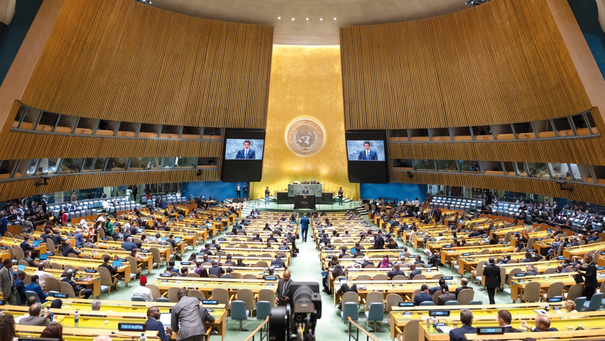 Amir H H Sheikh Tamim bin Hamad Al Thani addressing 79th session of the United Nations General Assembly at the UN headquarters in New York. 