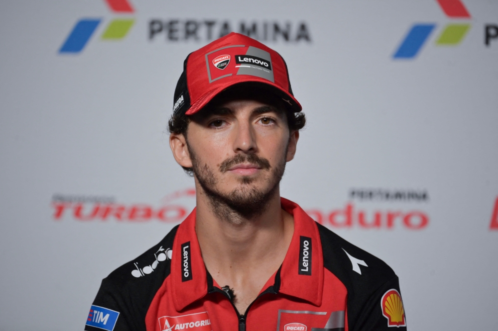 Ducati Lenovo Team's Italian rider Francesco Bagnaia attends a press conforence before the 2024 MotoGP race at Pertamina Mandalika International Circuit, in Mandalika, West Nusa Tenggara, on September 26, 2024. (Photo by BAY ISMOYO / AFP)