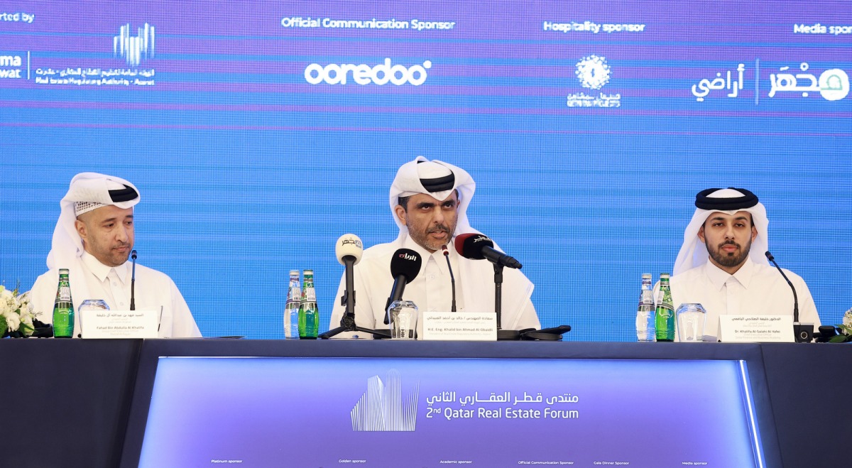 President of the Real Estate Regulatory Authority Engineer Khalid bin Ahmed Al Obaidli (centre) with other officials during a press conference to reveal details of the second edition of the Qatar Real Estate Forum, yesterday. Pic: Rajan Vadakkemuriyil