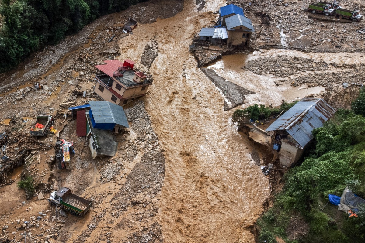 An aerial view shows the area affected by monsoon flooding in Roshi village of Nepal's Kavre district on September 30, 2024. Photo by PRABIN RANABHAT / AFP.