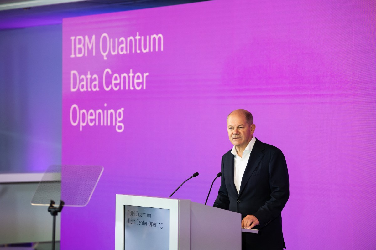 German Chancellor Olaf Scholz addresses guests during the inauguration of IBM's quantum data centre at the IBM Campus in Ehningen, southern Germany, on October 1, 2024. Photo by SILAS STEIN / AFP.