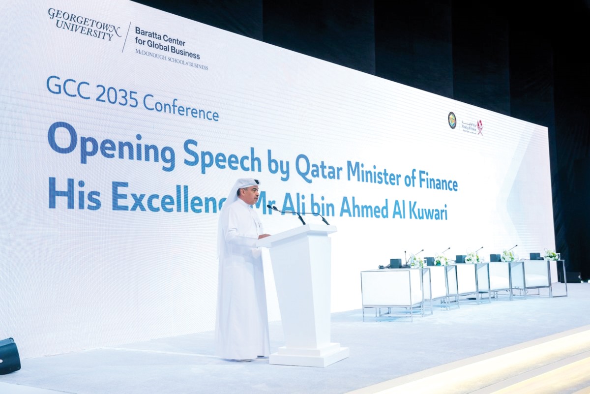 Minister of Finance H E Ali bin Ahmed Al Kuwari delivering the opening speech during the inauguration of the GCC 2035 Conference.