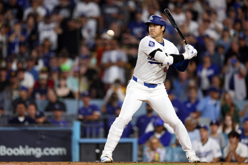 Shohei Ohtani #17 of the Los Angeles Dodgers at bat during the fourth inning against the San Diego Padres on October 05, 2024 in Los Angeles, California. Harry How/Getty Images/AFP