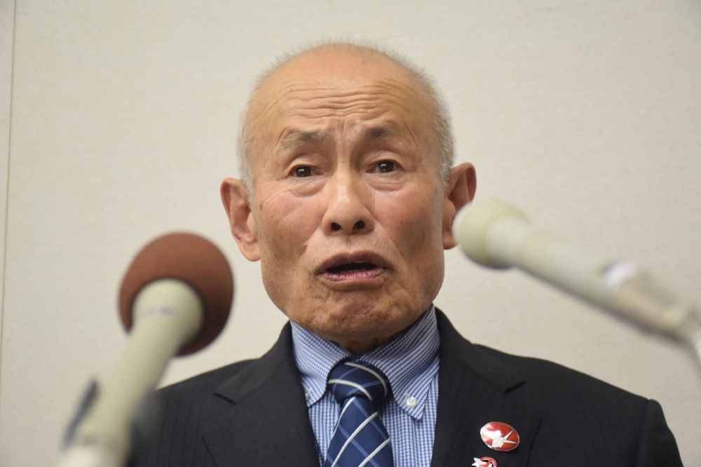 Tomoyuki Mimaki, representative director of the Nihon Hidankyo, attends a press conference after the group was awarded the 2024 Nobel Peace Prize, in Hiroshima on October 11, 2024. Photo by JIJI PRESS / AFP