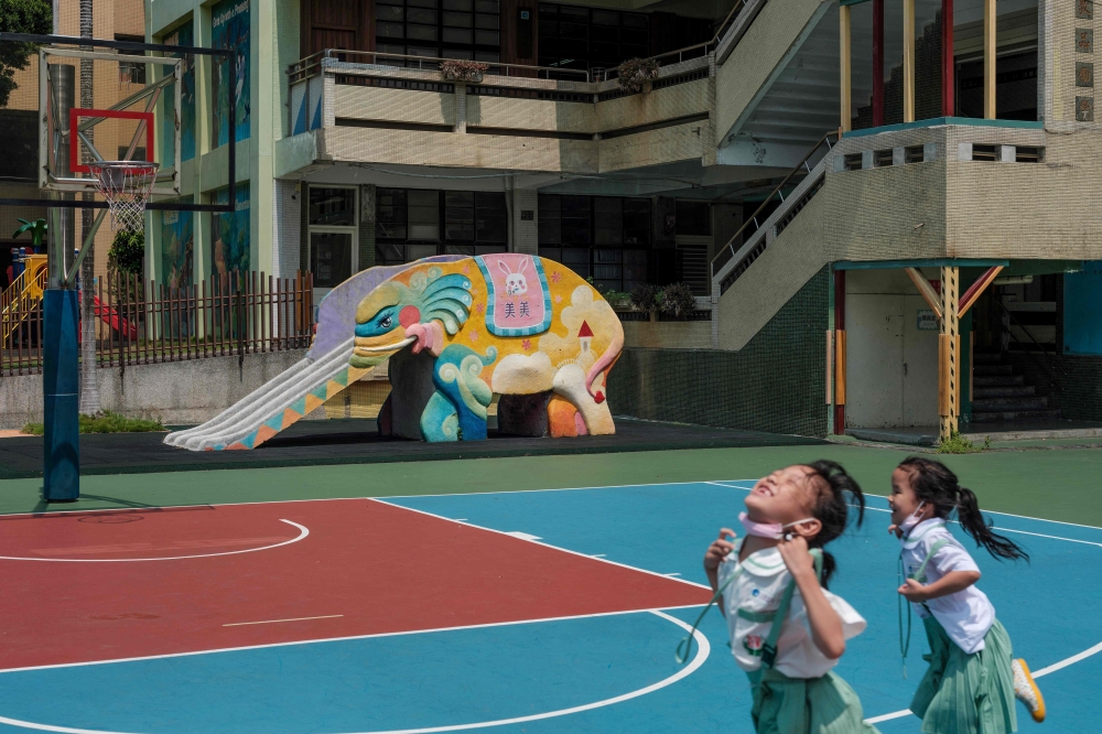 This photo taken on September 10, 2024 shows an elephant slide at an elementary school in New Taipei City. (Photo by Yan Zhao / AFP) 