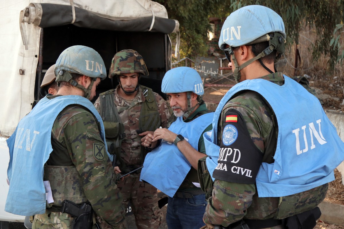 Spanish peacekeepers of the United Nations Interim Force in Lebanon (UNIFIL) coordinate their patrol with the Lebanese army, in Marjayoun in south Lebanon on October 8, 2024. Photo by AFP.
