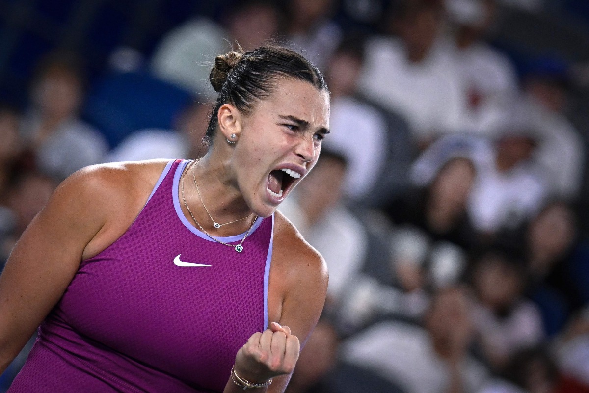 Belarus's Aryna Sabalenka reacts during women痴 singles semi-final match against Coco Gauff of US at the Wuhan Open tennis tournament in Wuhan, China's Hubei province on October 12, 2024. (Photo by WANG Zhao / AFP)
