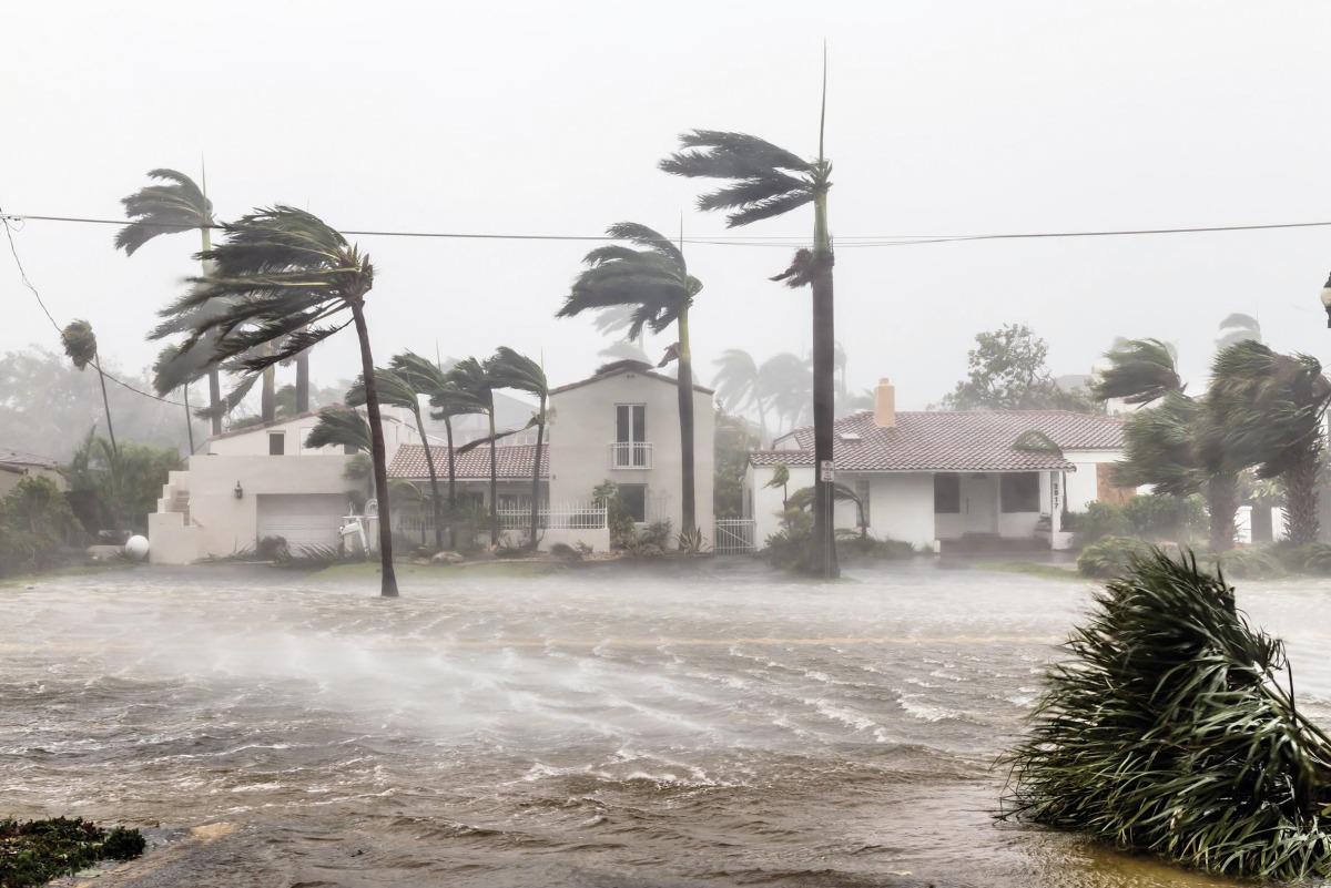 A flooded street after catastrophic hurricane in Florida. 