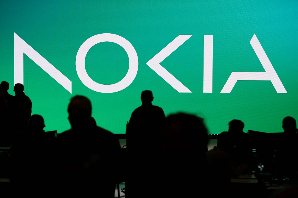 (Files) A picture taken on February 26, 2023, shows Nokia new logo at the Mobile World Congress (MWC), the telecom industry's biggest annual gathering, in Barcelona. (Photo by Josep Lago / AFP)