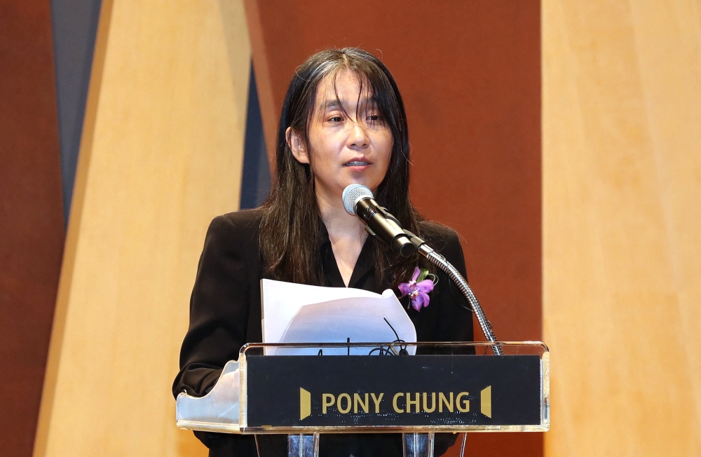 South Korean author Han Kang, who won the 2024 Nobel Prize in Literature, attends the Pony Chung Innovation Award ceremony in Seoul on October 17, 2024. (Photo by KOREA POOL / AFP)