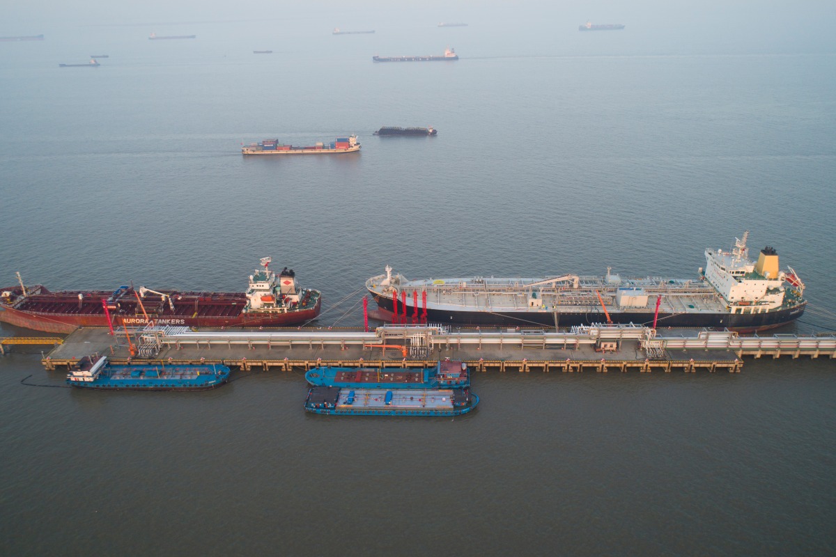 An aerial view of oil tankers moored at an oil storage terminal in Taicang, China.