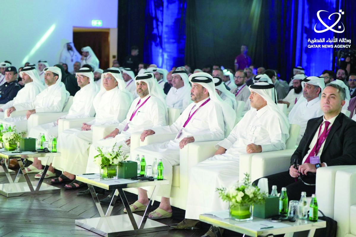 Minister of Communications and Information Technology H E Mohammed bin Ali bin Mohammed Al Mannai; Minister of Justice and Minister of State for Cabinet Affairs H E Ibrahim bin Ali bin Issa Al Hassan Al Mohannadi; Secretary General of NPC Abdulaziz bin Nasser bin Mubarak Al Khalifa; and President of the Real Estate Regulatory Authority Eng. Khalid bin Ahmad Al Obaidli along with other officials during the inauguration of the second edition of the Doha Data Forum, yesterday.