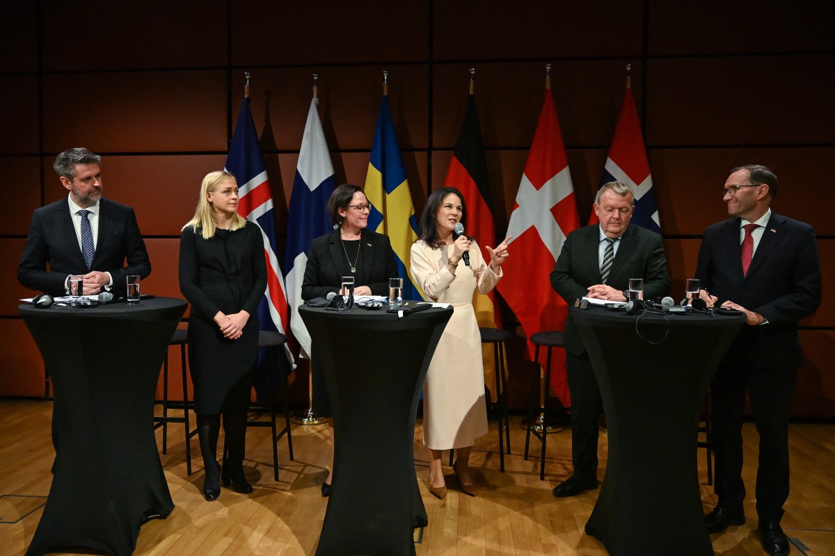 German Foreign Minister Annalena Baerbock (3rd R) speaks with with her counterparts in Berlin on October 21, 2024. Photo by RALF HIRSCHBERGER / AFP.