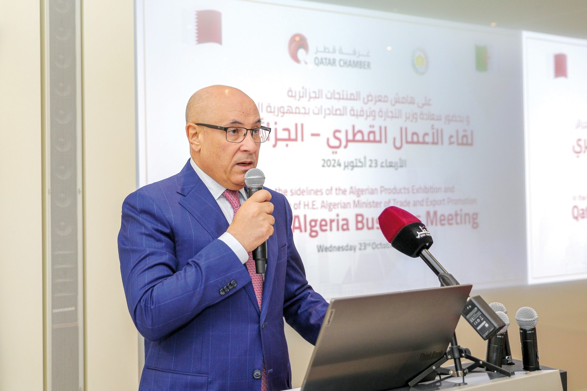 Minister of Trade and Export Promotion of Republic of Algeria H E Tayeb Zitouni addressing the Qatar-Algeria Business Meeting, yesterday.