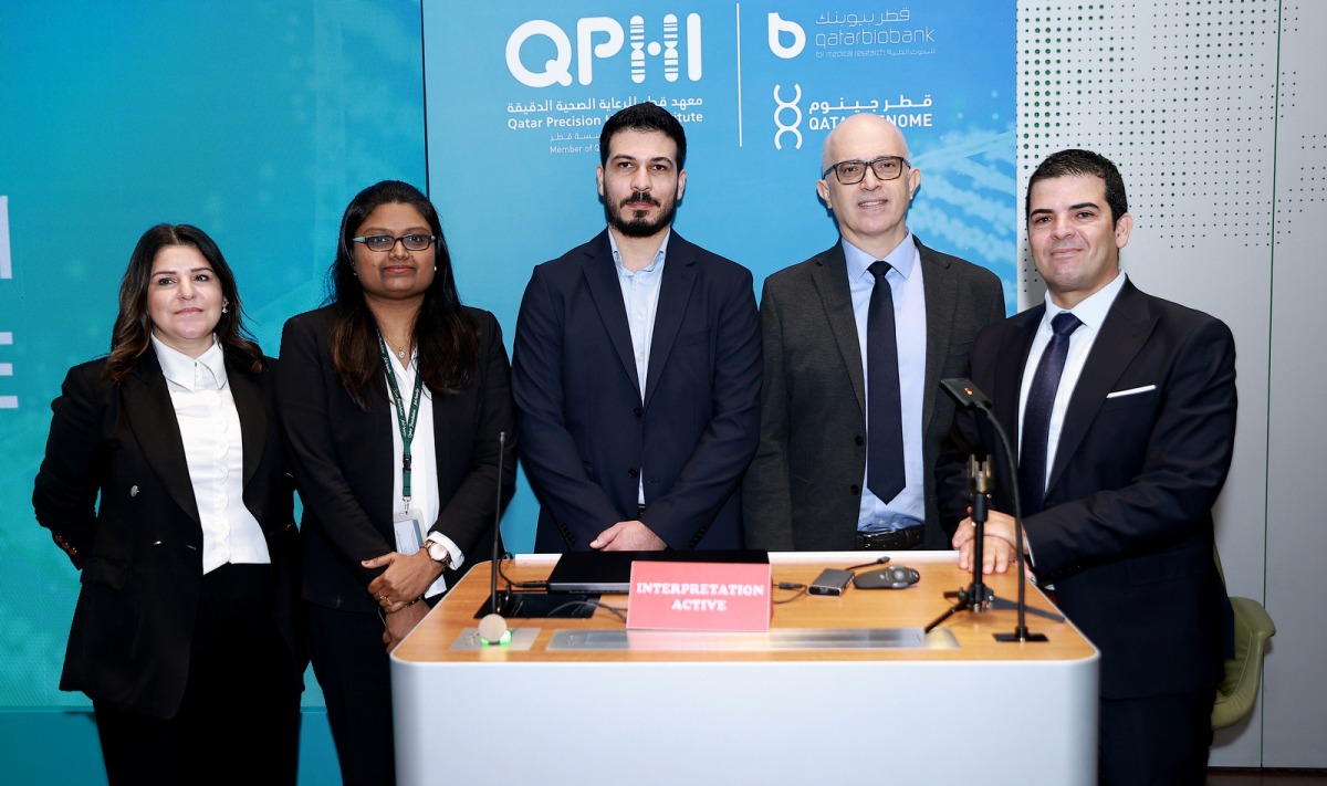 (From left) Dr. Eleni Fthenou, Scientist at QPHI; Sneha P. Chandran, Warehouse Specialist at QPHI; Dr. Chadi Saad, QPHI Lead Bioinformatician;  Dr. Said Ismail, Acting President and Chief Scientific Operations Officer at QPHI; and Dr. Hamdi Mbarek, Director of Research and Partnerships, QPHI duirng the event held at the Qatar Foundation headquarters, yesterday. 
PIC: Photo by Rajan Vadakkemuriyil 