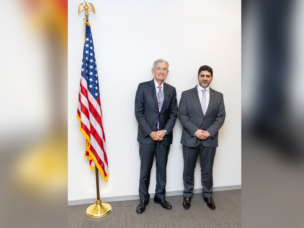 QCB Governor H E Sheikh Bandar bin Mohammed bin Saoud Al Thani with Chair of the U S Federal Reserve Jerome Powell on the sidelines of the 2024 Annual Meetings of the International Monetary Fund and World Bank Group.