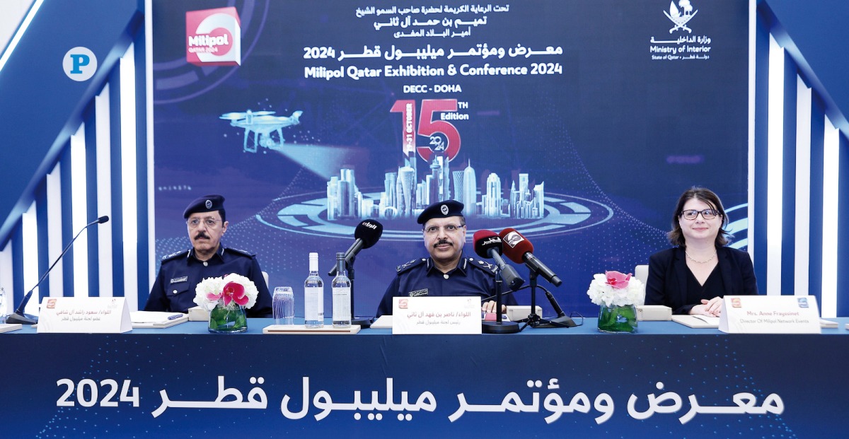 Chairman of the Milipol Qatar Committee Major General Nasser bin Fahd Al Thani (centre); member of Milipol Qatar Committee Major General Saud Rashid Al Shafi and Director of the Milipol International Network Anne Fresinet (right) during the press conference in Doha yesterday. Pic: Rajan Vadakkemuriyil / The Peninsula