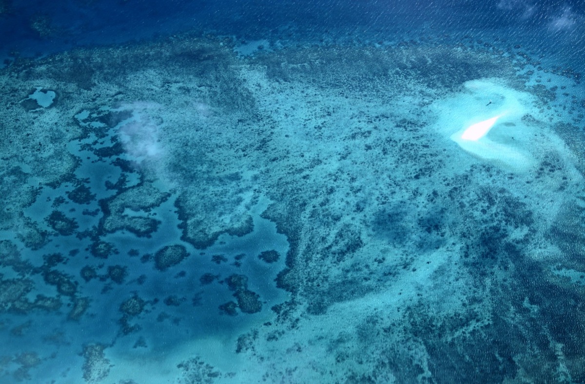 This aerial photo taken on April 5, 2024, shows a coral atoll near Lizard Island on the Great Barrier Reef, located 270 kilometres (167 miles) north of the city of Cairns. (Photo by DAVID GRAY / AFP) 