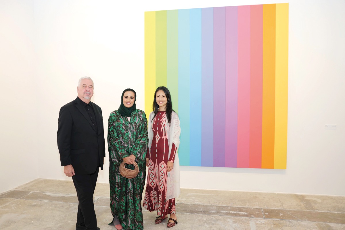 Chairperson of Qatar Museums H E Sheikha Al Mayassa bint Hamad bin Khalifa Al Thani, Director and Co-Founder of Glenstone Museum Emily Wei Rales, and President of the Ellsworth Kelly Foundation Jack Shear at the opening.