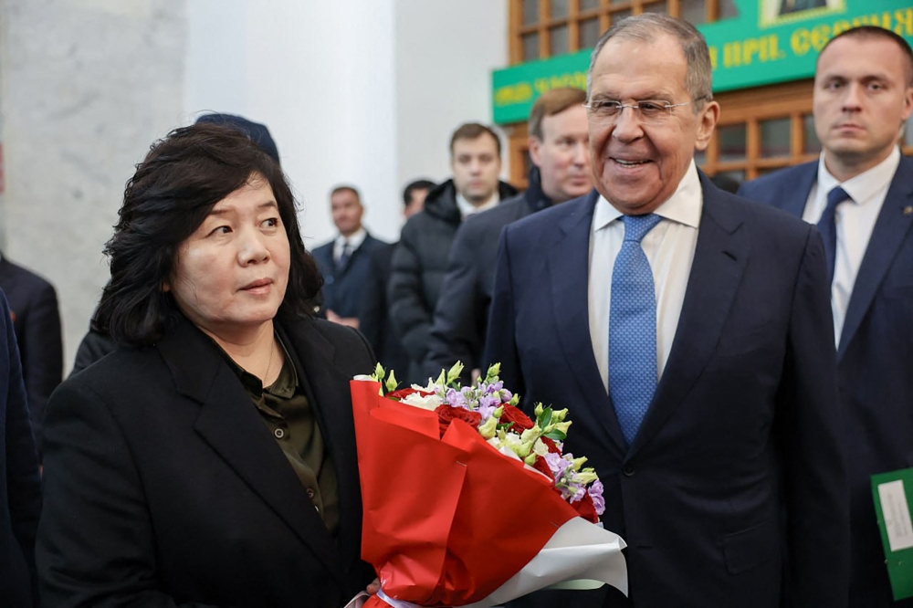 In this handout picture taken and released by the Russian Foreign Ministry on November 1, 2024, Russian Foreign Minister Sergei Lavrov and North Korean Foreign Minister Choe Son Hui attend a ceremony unveiling a memorial plaque dedicated to Kim Il Sung's visit to the USSR in 1949, at Moscow's Yaroslavsky railway station. (Photo by Russian Foreign Ministry / AFP)