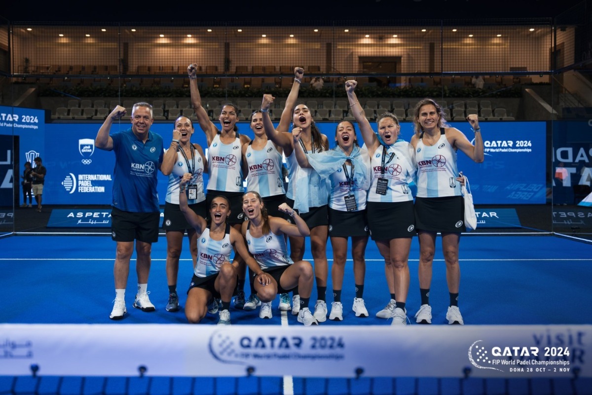 Argentina players celebrate after their win over Italy in the semi-finals of the FIP World Padel Championships in Doha.