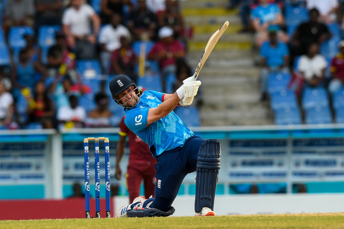 Liam Livingstone of England hits 6 during the 2nd ODI between West Indies and England at Vivian Richards Cricket Stadium in North Sound, Antigua and Barbuda, on November 2, 2024. (Photo by Randy Brooks / AFP)