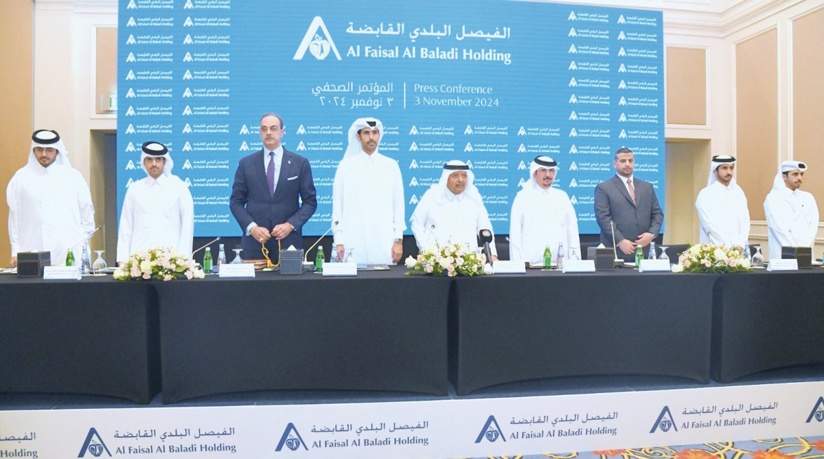 Chairman of Al Faisal Holding Sheikh Faisal bin Qassim Al Thani, and Chairman of Al Baladi Holding Mohammed Abdullah Al Attiyah along with other officials during the launch of Al Faisal Al Baladi Holding.