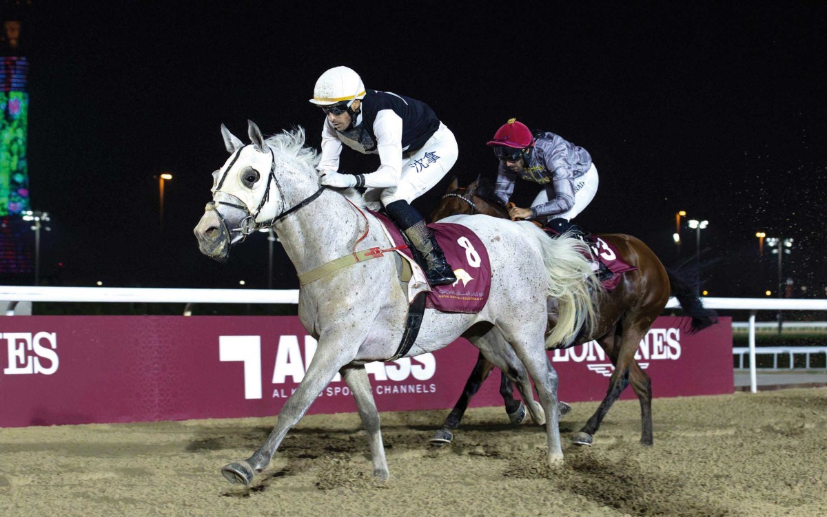 Alberto Sanna guides Mared Al Jasra towards the finish line to win the Al Beshariyah Cup. 