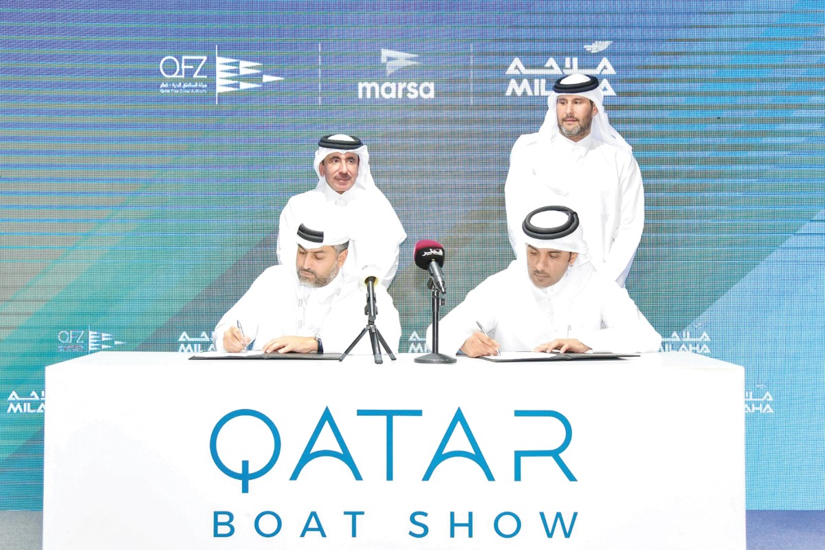 Minister of Transport H E Jassim Saif Ahmed Al Sulaiti and Chairman of Milaha’s Board of Directors Sheikh Jassim bin Hamad bin Jassim bin Jaber Al Thani, witnessing the signing agreement by the CEO of QFZ Sheikh Mohammed Bin Hamad Bin Faisal Al Thani, and Group CEO of Milaha  Fahad Bin Saad Al Qahtani. 