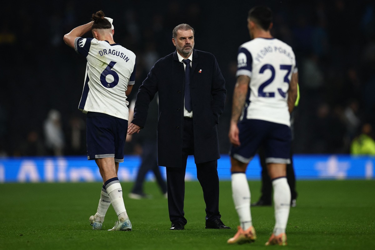 Tottenham Hotspur's Greek-Australian coach Ange Postecoglou reacts at the end of the English Premier League football match between Tottenham Hotspur and Ipswich Town at the Tottenham Hotspur Stadium in London, on November 10, 2024. (Photo by HENRY NICHOLLS / AFP)