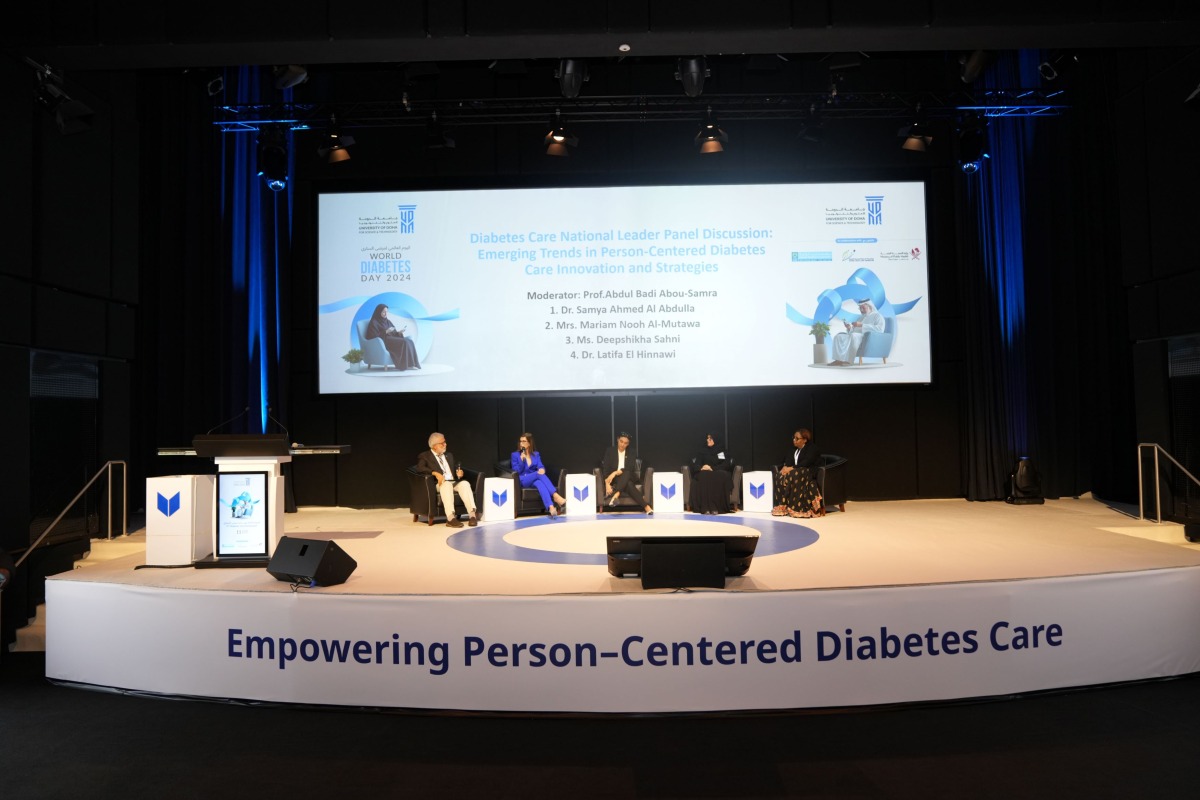 Moderator Prof Abdul Badi Abou-Samra (left) and panelists during a panel discussion, ‘Emerging Trends in Person-Centered Diabetes Care, Innovation and Strategies’ at University of Doha for Science and Technology on Monday. 